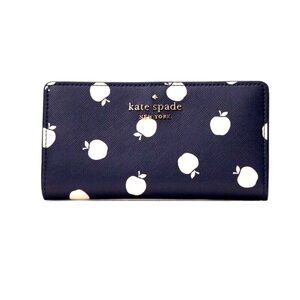 Kate Spade Staci Orchard Toss Print Navy Blue & White Apples Wallet NWOT